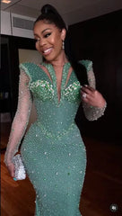 Shining Long Sleeve Mermaid Floor Length Prom Dress with Appliques