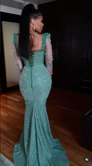 Shining Long Sleeve Mermaid Floor Length Prom Dress with Appliques