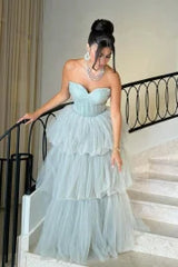 Shining Strapless Sweetheart Tulle Long Prom Dress