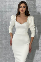 Shining White Long Sleeve Prom Dress with Sequins and Pleated