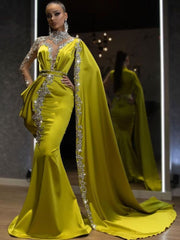 Shining Yellow Mermaid Floor Length Prom Dress with Beading and Shawl