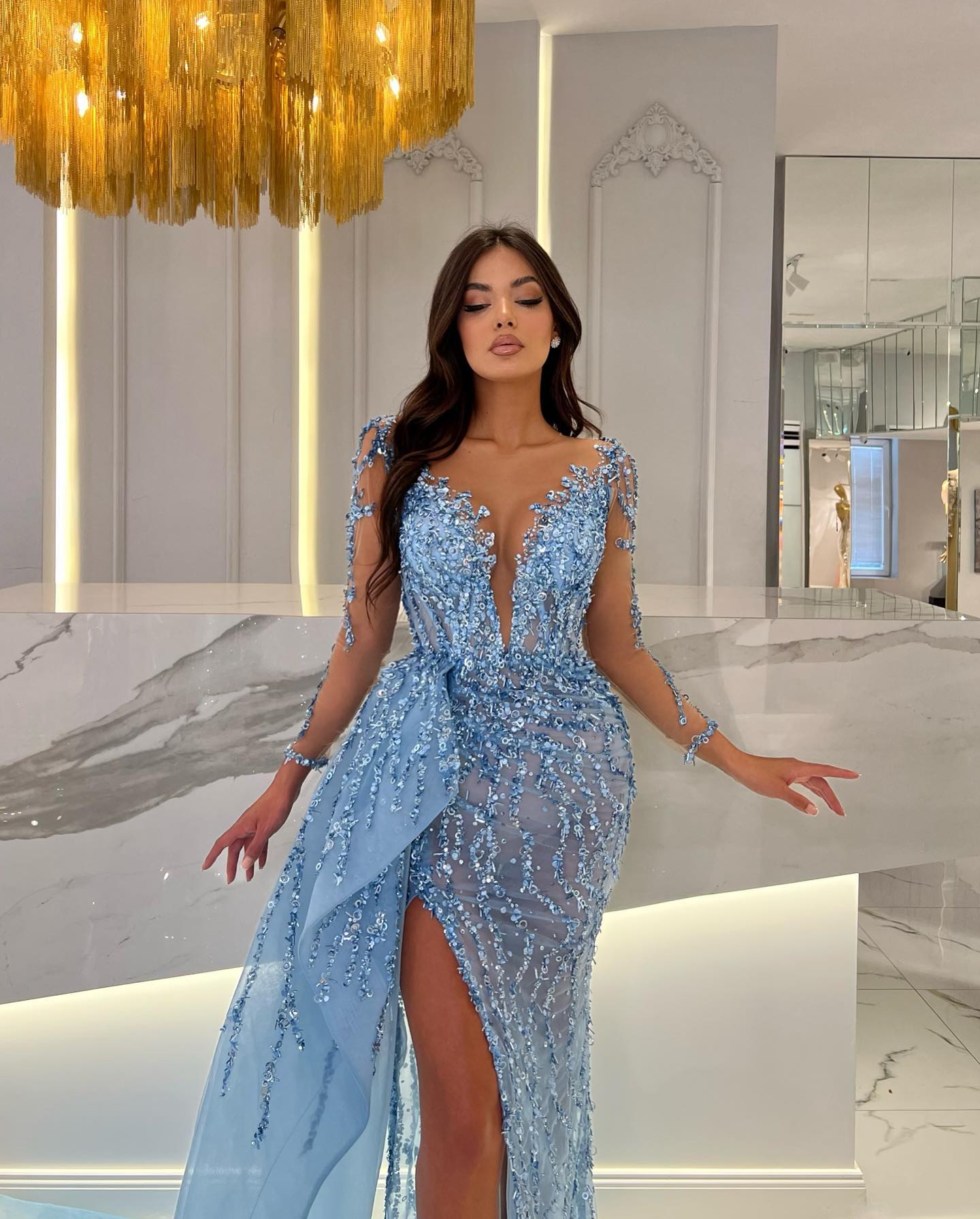Blue Long Sleeve Mermaid Prom Dress with Split Beading Appliques