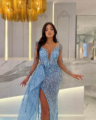 Blue Long Sleeve Mermaid Prom Dress with Split Beading Appliques