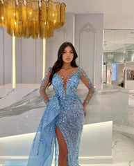 Blue Long Sleeve Mermaid Prom Dress with Split Beading Appliques