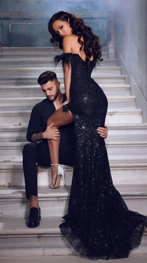 Shiny Off the Shoulder High Split Prom Dress with Sequins and Feathers