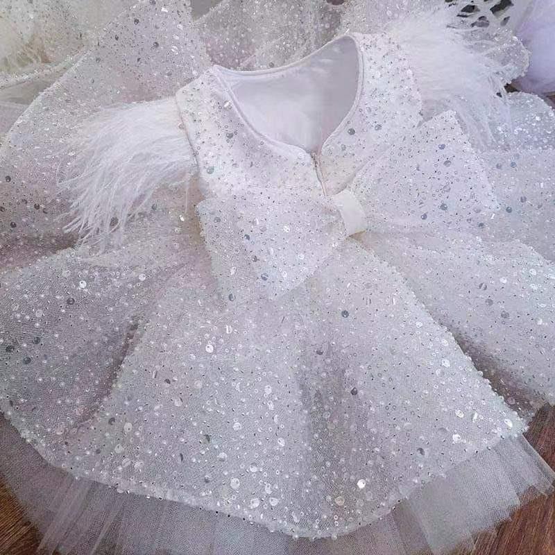 Short Ball Gown Sequins Feather Glitter Flower Girl Dress with Bow