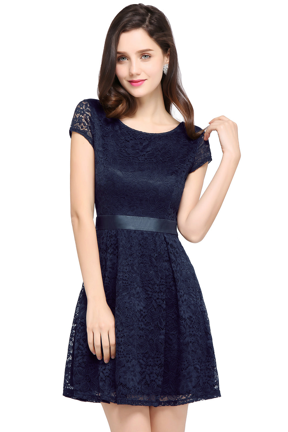 Short Cap Sleeves Formal Dress Round Neck Lace A line Bridesmaid Dress