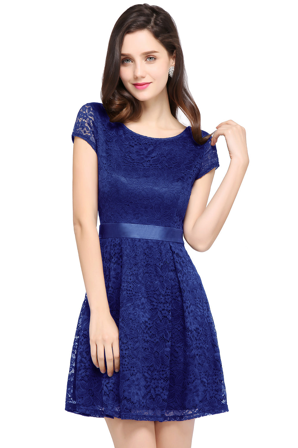 Short Cap Sleeves Formal Dress Round Neck Lace A line Bridesmaid Dress