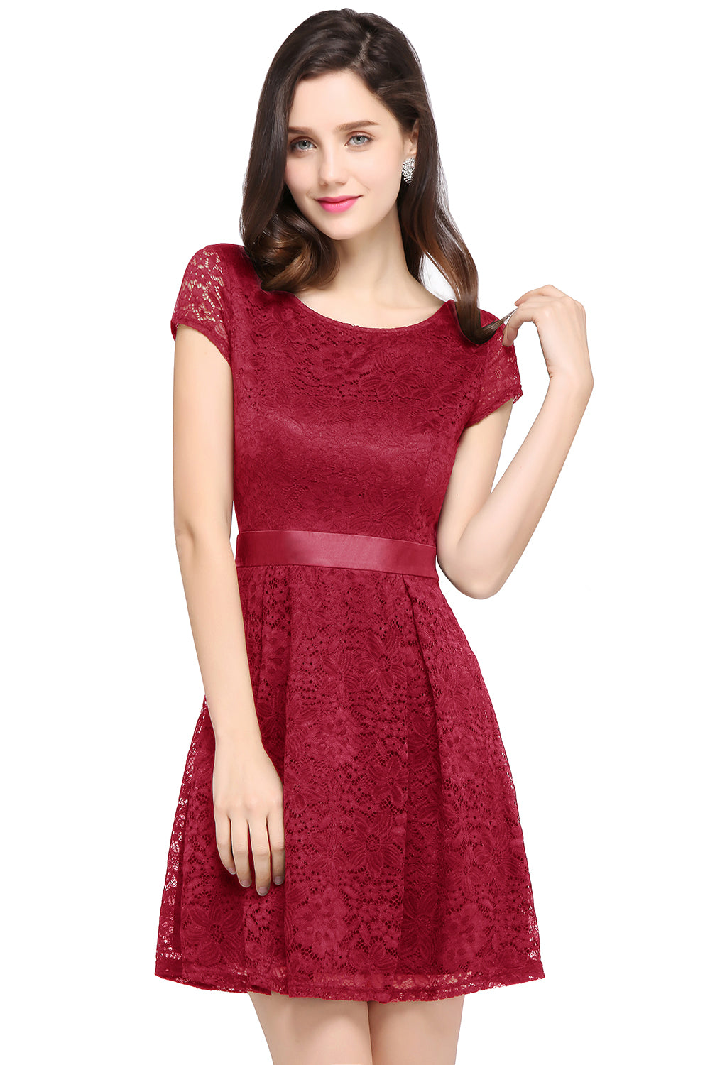 Short Cap Sleeves Formal Dress Round Neck Lace A line Bridesmaid Dress