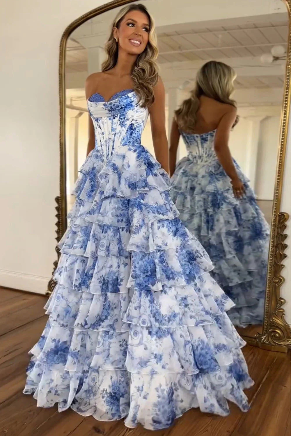 Babyonlines White and blue floral strapless prom dress - full length view