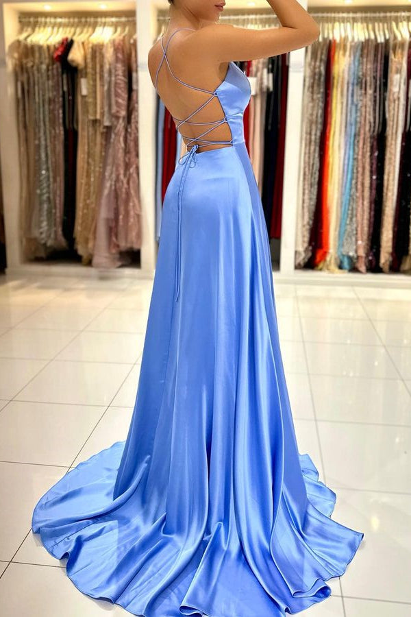 Simple Spaghetti Strap A-Line Long Prom Dress with Split Open Back