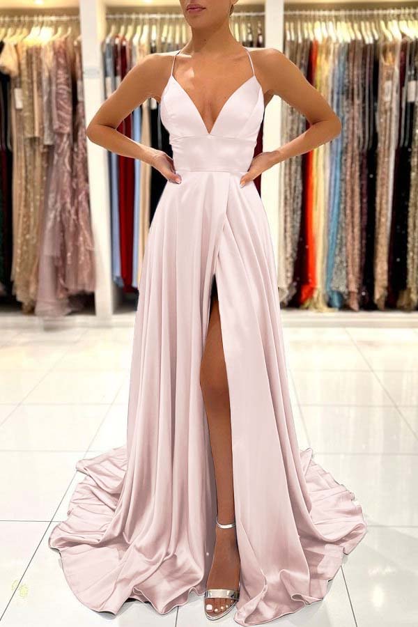 Simple Spaghetti Strap A-Line Long Prom Dress with Split Open Back