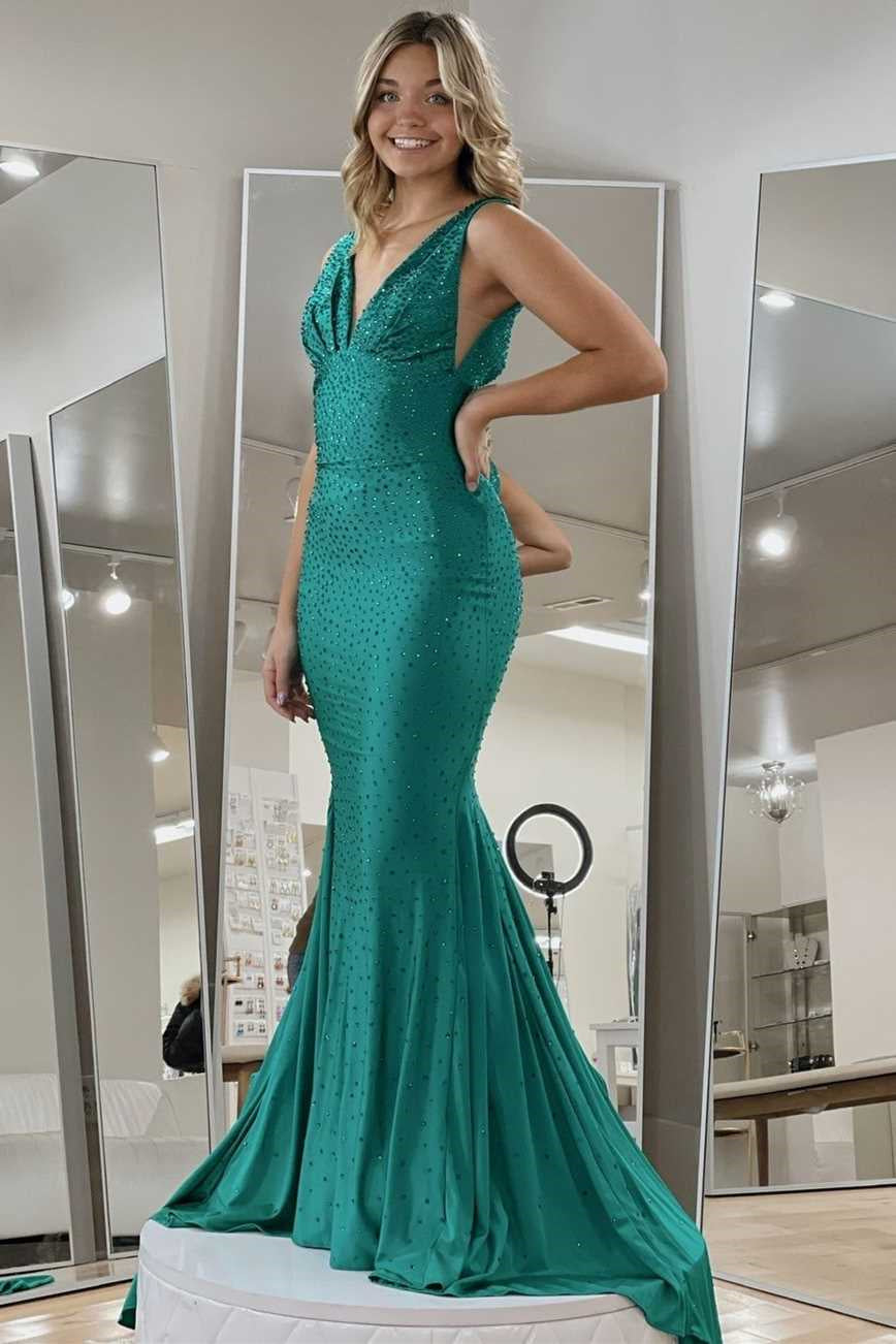 Simple V-Neck Backless Mermaid Long Prom Dress with Appliques