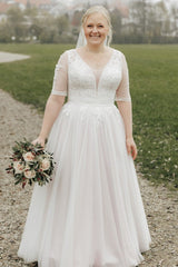 Babyonlines Simple Half Sleeves Plus Size A-line Lace Wedding Dresses