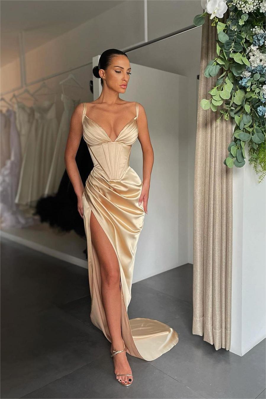 Simple Orange Satin Spaghetti Strap Long Prom Dress with Split