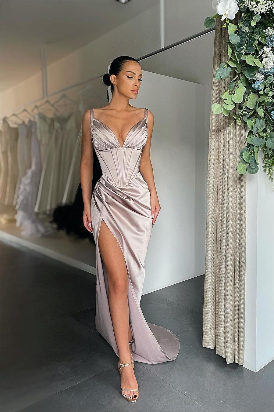 Simple Orange Satin Spaghetti Strap Long Prom Dress with Split