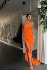 Simple Orange Satin Spaghetti Strap Long Prom Dress with Split