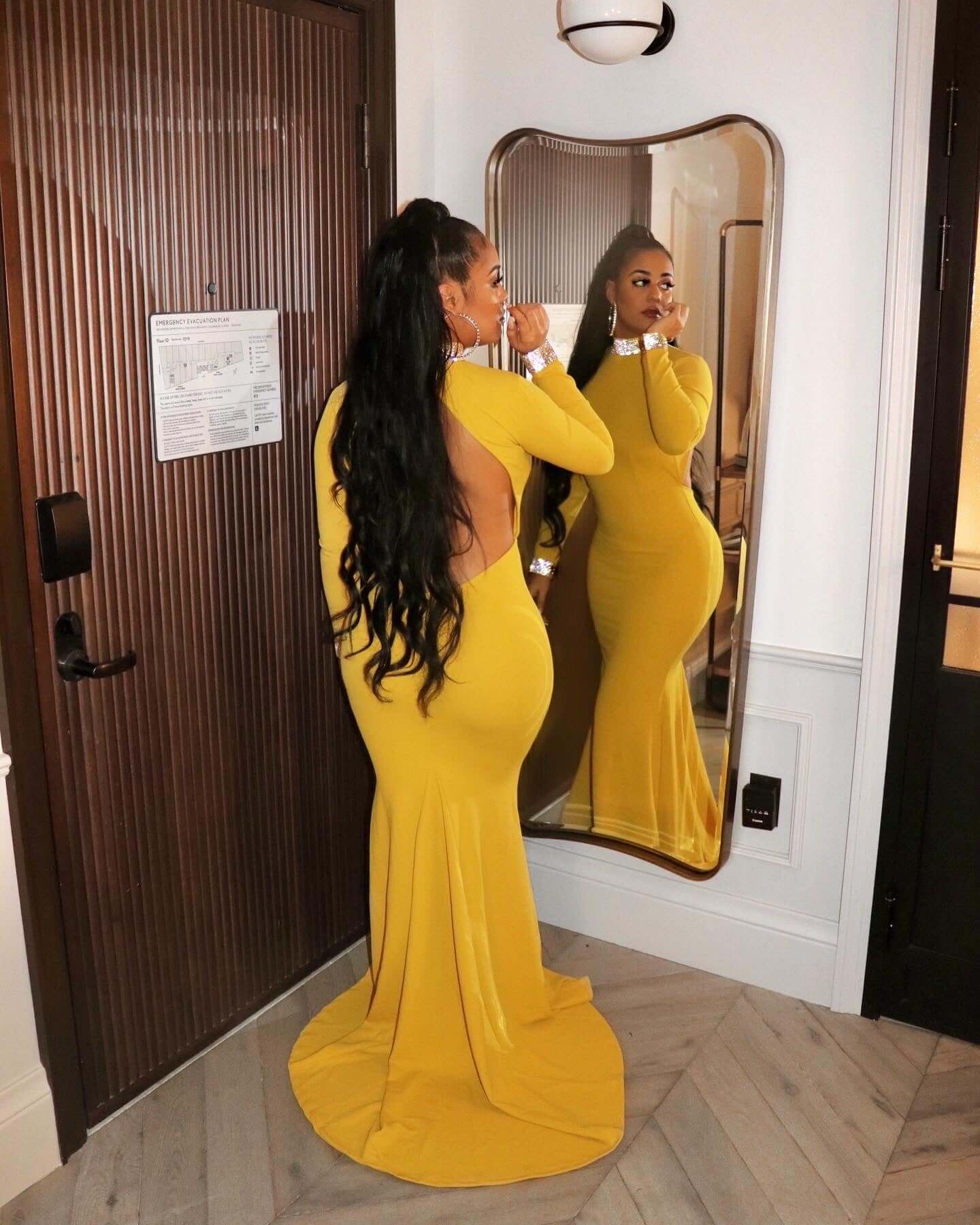 Simple Red Long Sleeve Open Back Mermaid Prom Dress with Ruffles