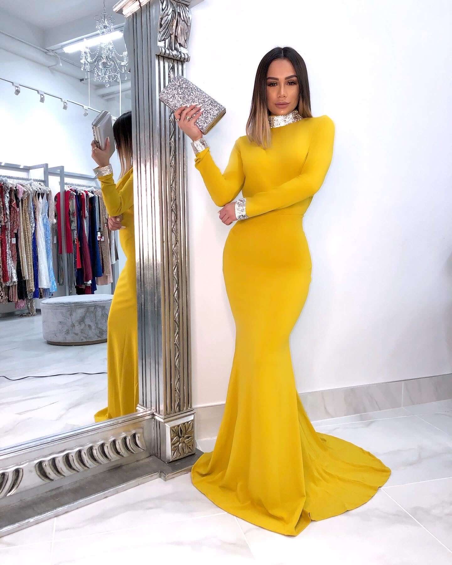 Simple Red Long Sleeve Open Back Mermaid Prom Dress with Ruffles