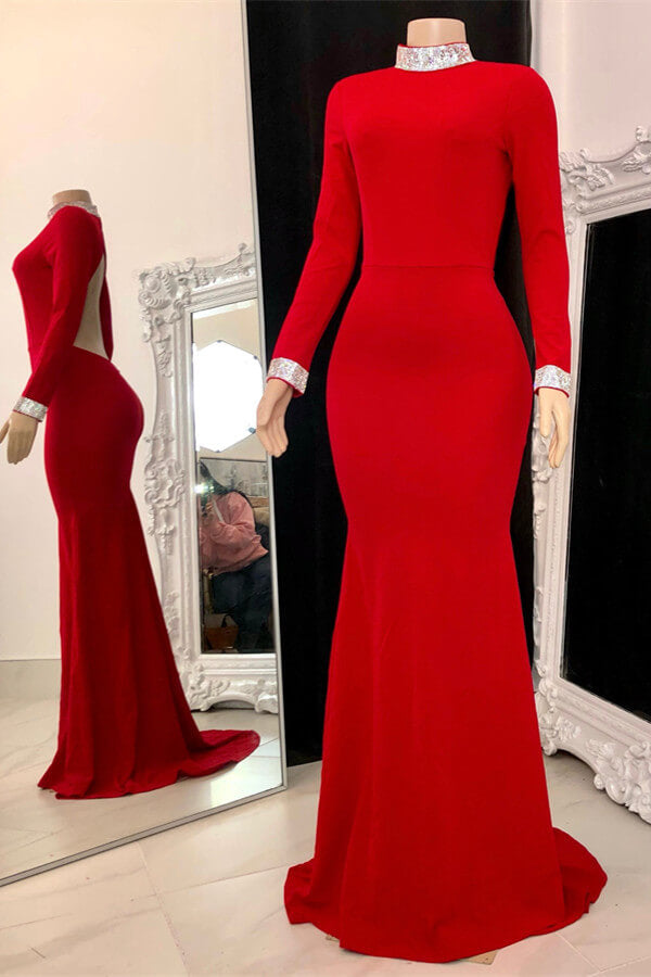 Simple Red Long Sleeve Open Back Mermaid Prom Dress with Ruffles