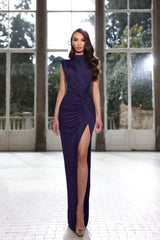 Simple Royal Blue High Neck Prom Dress with High Split