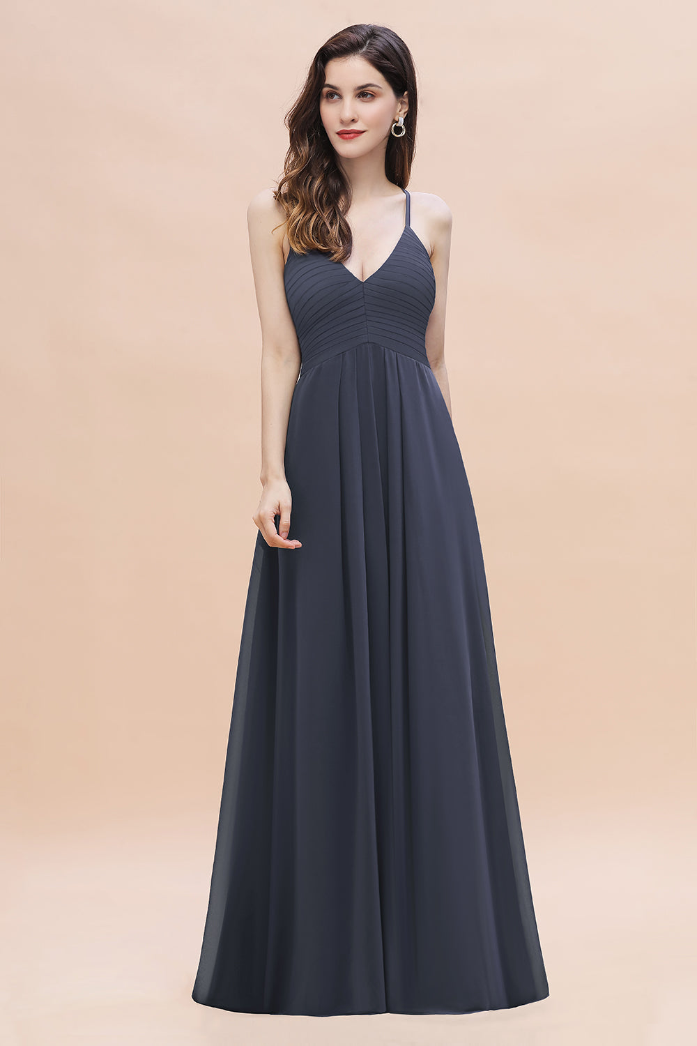 Simple Spaghetti Straps Stormy Chiffon Bridesmaid Dress with Ruffles On Sale-Babyonlines