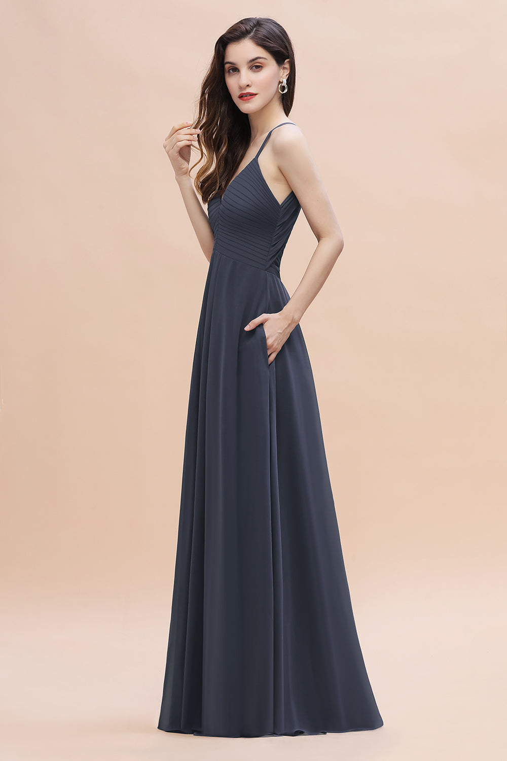 Simple Spaghetti Straps Stormy Chiffon Bridesmaid Dress with Ruffles On Sale-Babyonlines