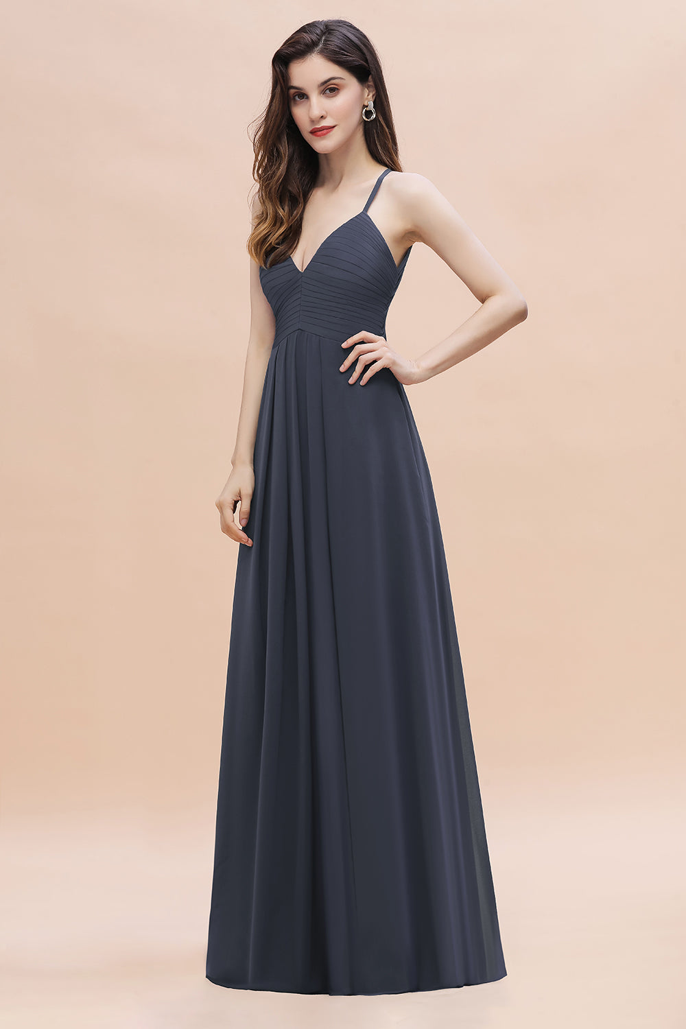 Simple Spaghetti Straps Stormy Chiffon Bridesmaid Dress with Ruffles On Sale-Babyonlines