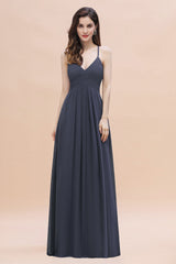 Simple Spaghetti Straps Stormy Chiffon Bridesmaid Dress with Ruffles On Sale-Babyonlines