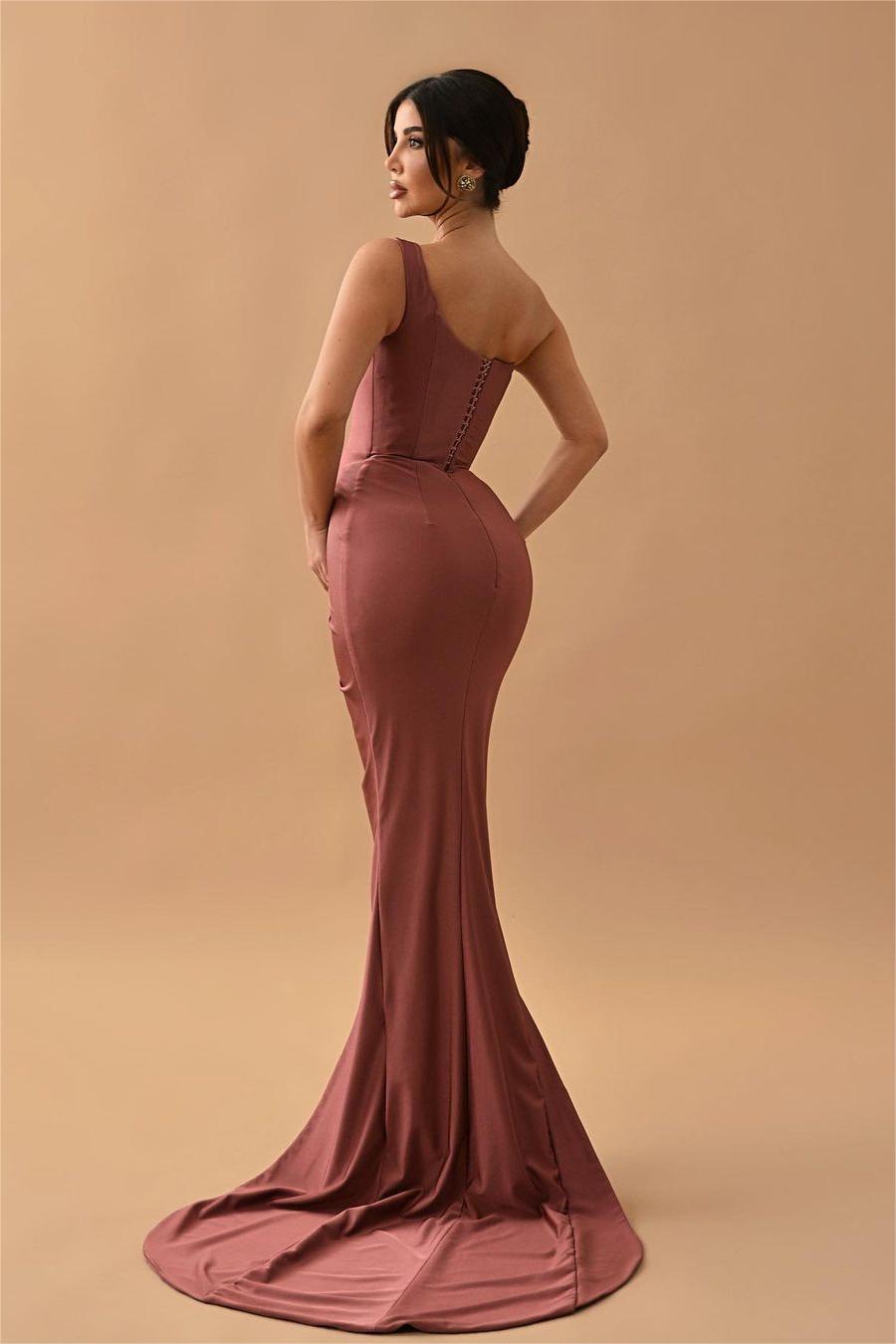 Simple One Shoulder Satin Mermaid Long Prom Dress with Split and Pleated