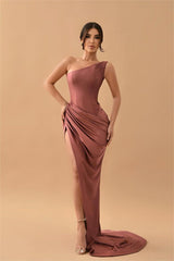 Simple One Shoulder Satin Mermaid Long Prom Dress with Split and Pleated