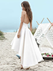 Simple V-Neck Spaghetti Strap A-Line Hi-Lo Wedding Dress with Pockets