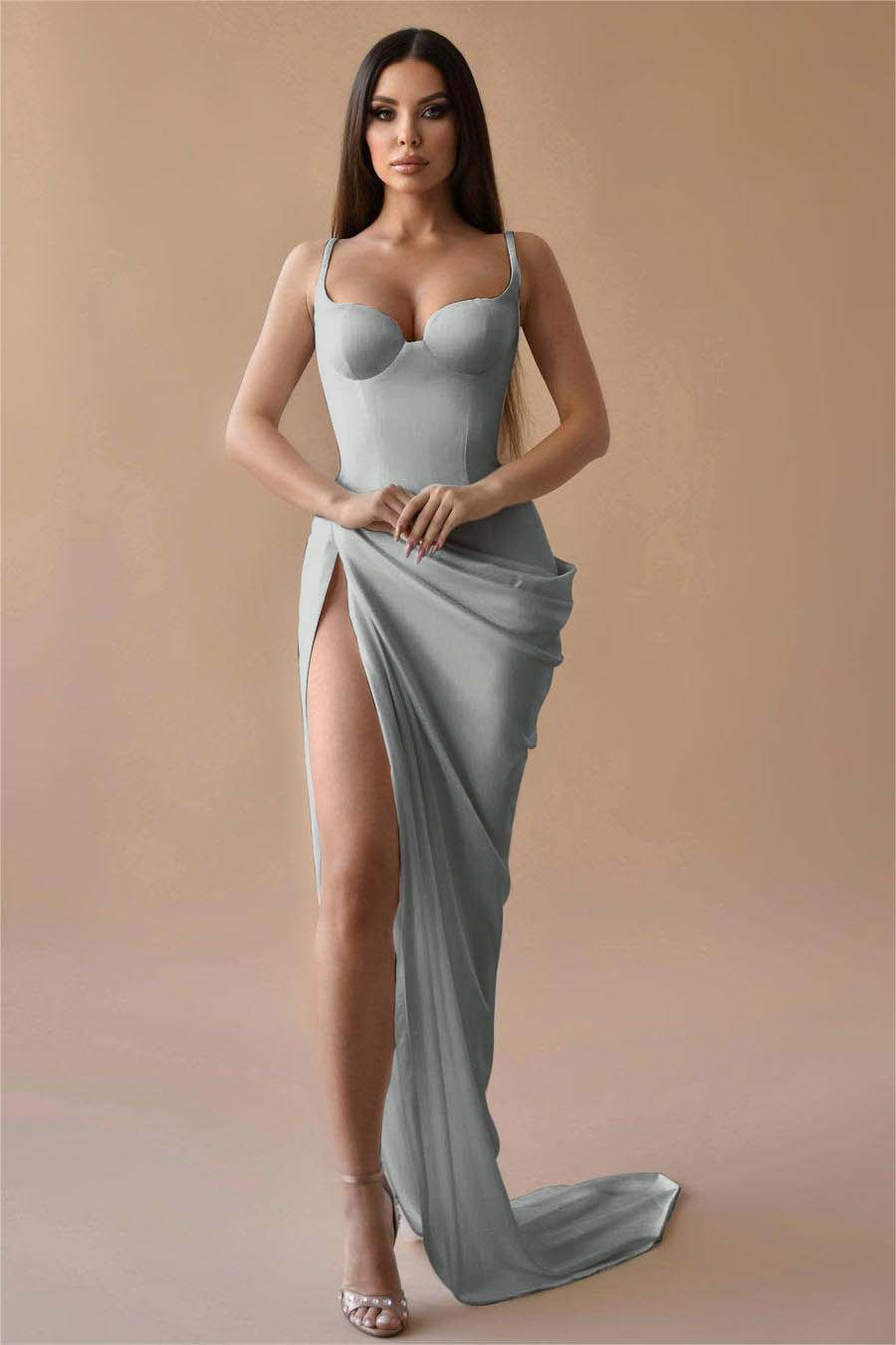Simple White Spaghetti Strap Long Prom Dress with Split and Pleated