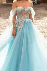 Sky Blue Off the Shoulder Sweetheart A-Line Tulle Long Prom Dress