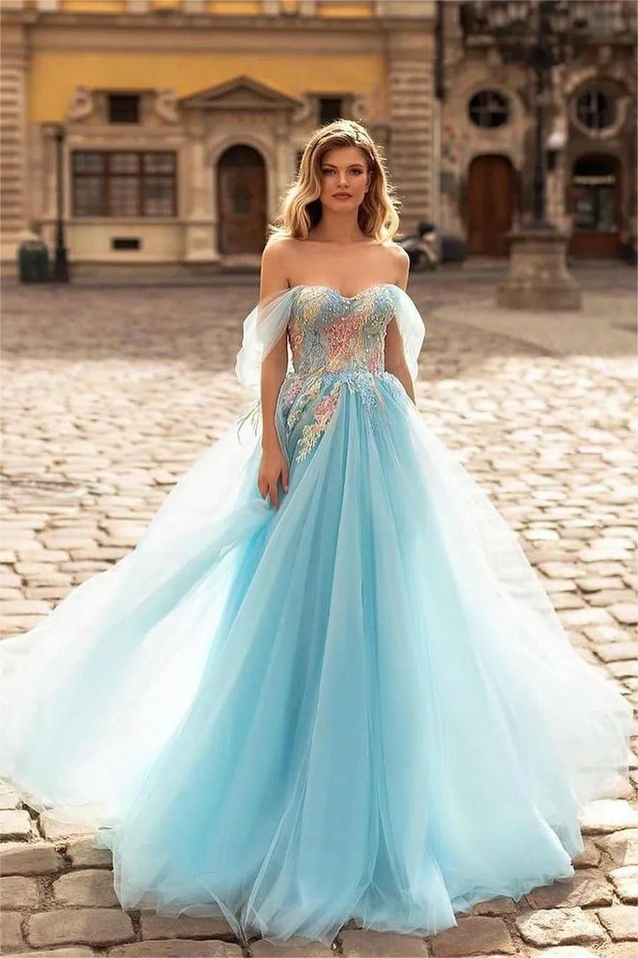 Sky Blue Off the Shoulder Sweetheart A-Line Tulle Long Prom Dress