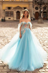 Sky Blue Off the Shoulder Sweetheart A-Line Tulle Long Prom Dress