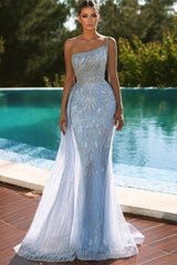 One Shoulder Mermaid Evening Dress with Sequins, Beading and Tulle