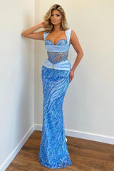 Sky Blue Mermaid Long Prom Dress with Sequins