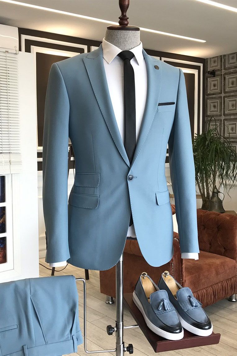Sky Blue Wedding Suit with Peaked Lapel and Three Flaps