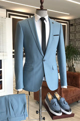 Sky Blue Wedding Suit with Peaked Lapel and Three Flaps