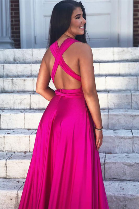 Deep V-Neck Backless A-Line Long Prom Dress with Split