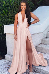 Deep V-Neck Backless A-Line Long Prom Dress with Split