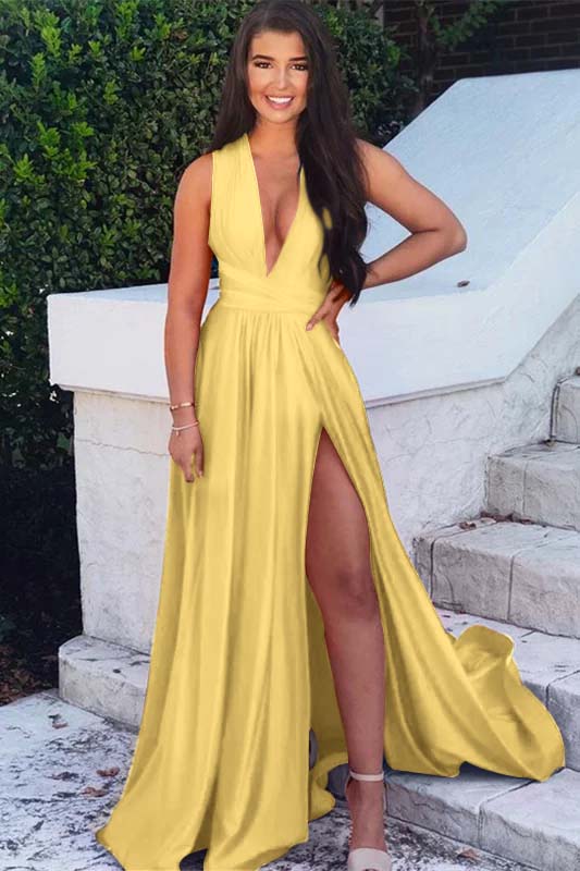 Deep V-Neck Backless A-Line Long Prom Dress with Split