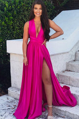 Deep V-Neck Backless A-Line Long Prom Dress with Split