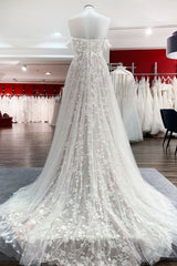 Sleeveless Off-the-Shoulder A-Line Wedding Dress with Ruffles and Tulle Lace Appliques