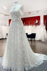 Sleeveless Off-the-Shoulder A-Line Wedding Dress with Ruffles and Tulle Lace Appliques