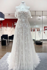 Sleeveless Off-the-Shoulder A-Line Wedding Dress with Ruffles and Tulle Lace Appliques