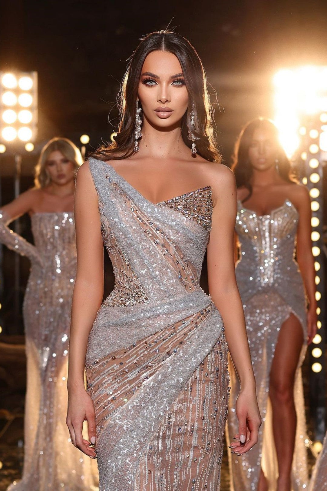 One Shoulder Long Prom Dress with Sequins Beading