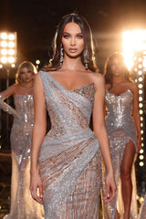 One Shoulder Long Prom Dress with Sequins Beading