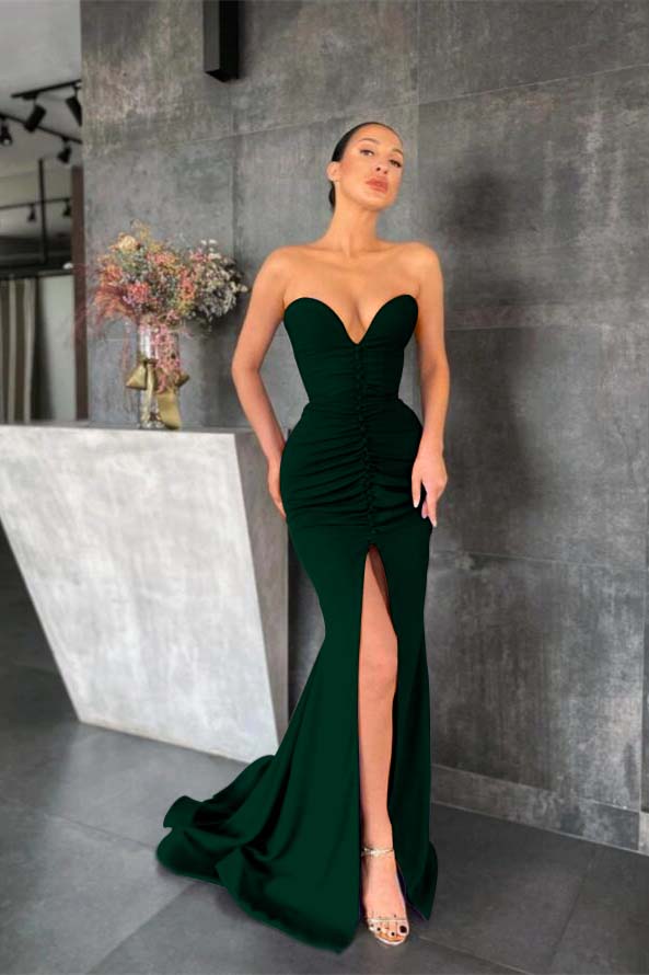 Strapless Mermaid Long Prom Dress with Pleated Split